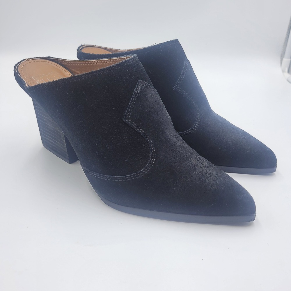 Donald Pliner Vama Black Suede Western Block Heel Mules Pointed Toe Womens 8.5M